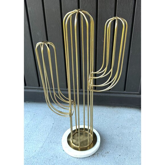 Gold Brass Cactus Sculpture With White Marble Base Modern Art Decor - Picture 2 of 9